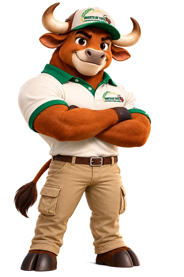 Toto, el toro mascota de la cooperativa, con gorra y camisa de El Huerto de Toto
